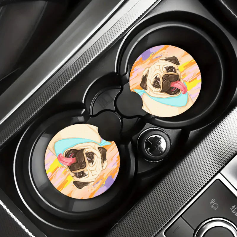 2-Pack Pug Dog Absorbent Cup Holder Coasters – Auto & Home Cup Holder Coasters HIP