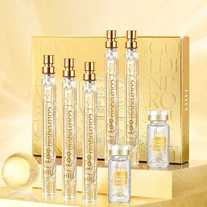 24K Gold Face Serum Active Collagen Silk Thread Facial Essence Anti-Aging Smoothing Firming Moisturizing Hyaluronic Skin Care HIP Serum And Line Set