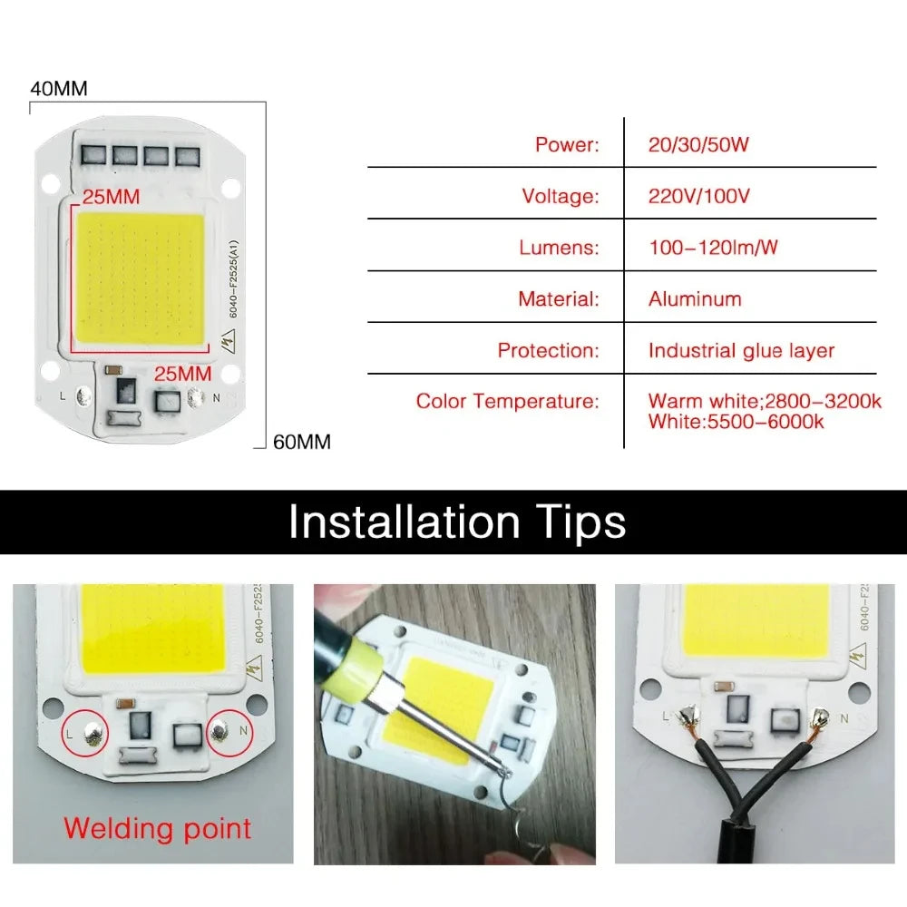 COB LED Chip Lamp Bead 20W 30W 50W LED Module 220V 110V Smart IC No Need Driver For DIY Flood Light Spotlight Led Matrix Outdoor HIP