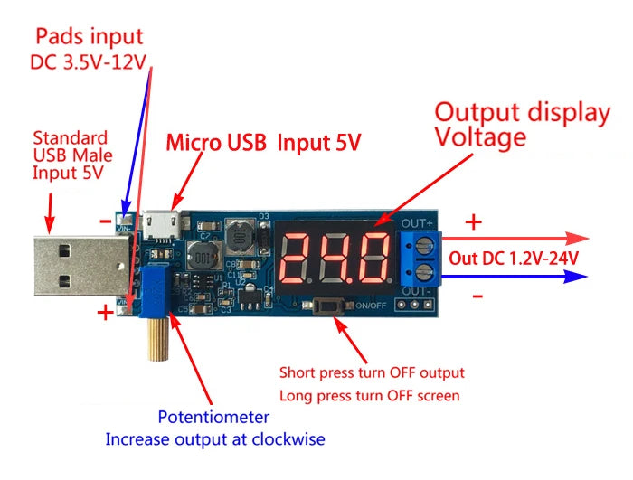 USB DC Boost Module – Adjustable 1.2–24V Voltage Converter Voltage Converter Module HIP