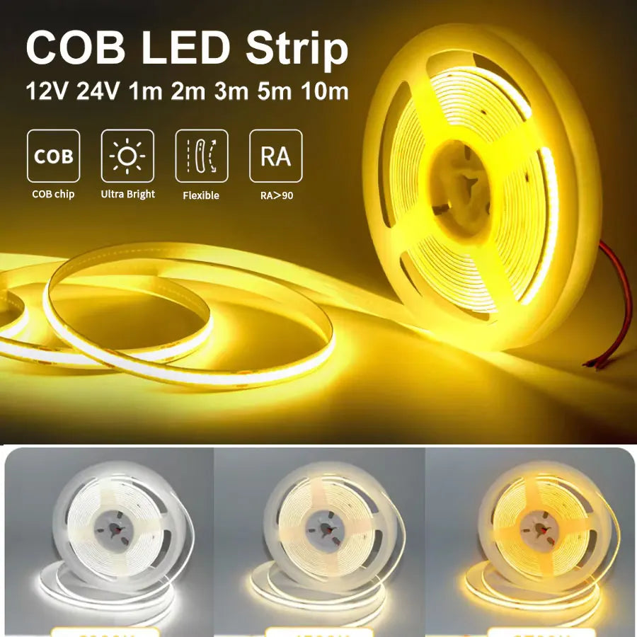 DC12V 24V COB LED Strip Light Flexible Tape Ribbon LED Light For Room Decor Backlight 3000-6000K Linear Dimmable 1M 2M 3M 5M 10M HIP