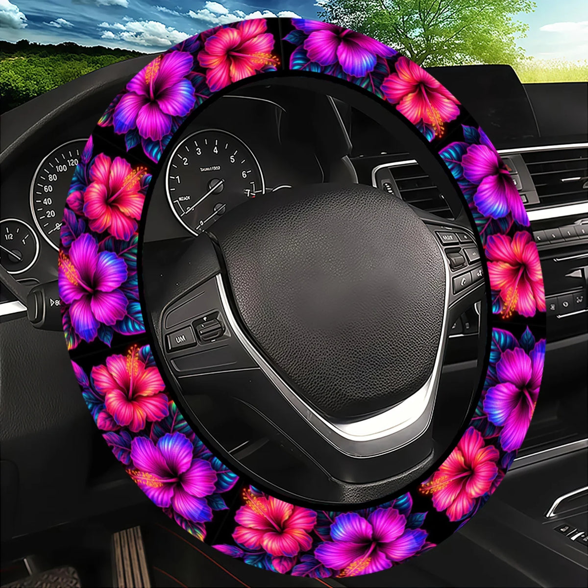 Hibiscus Floral Steering Wheel Cover – Universal Anti-Slip Fit Steering Wheel Cover HIP black