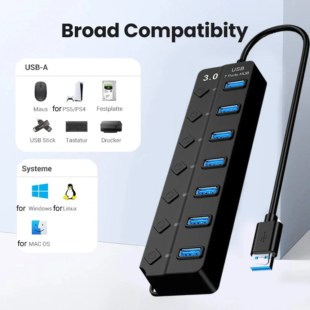 KEBIDUMEI USB 3.0 Hub 4 & 7 Port – Individual On/Off Switches USB Hub HIP