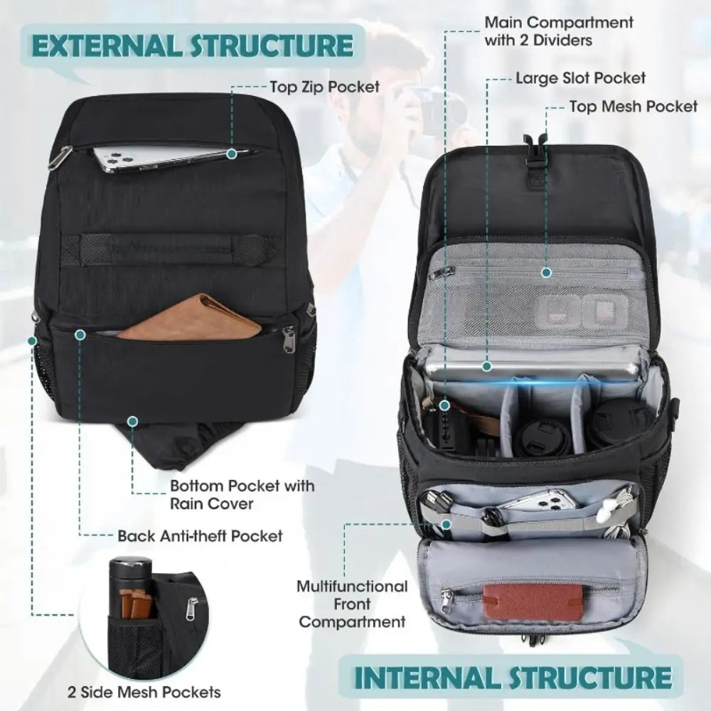Large DSLR Camera Bag with Tripod Holder & Rain Cover – Black Camera Shoulder Bag HIP