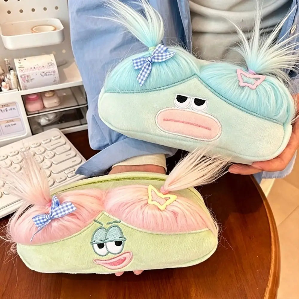 Cute Ugly Plush Pencil Case with Ponytail – Cartoon Pouch Plush Pencil Case HIP