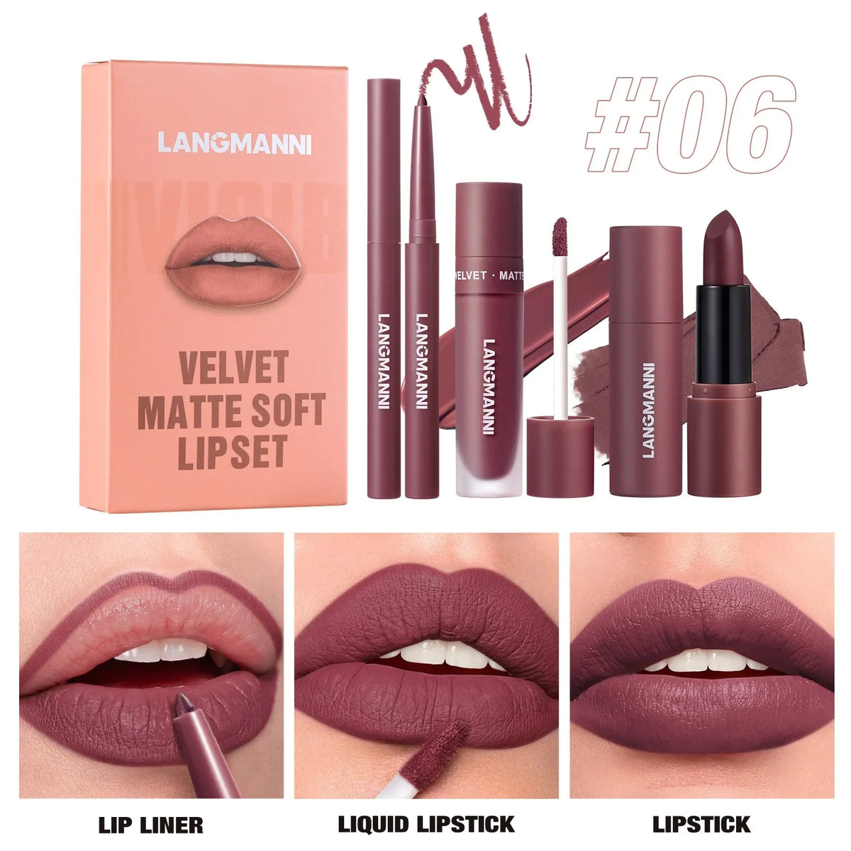 3PCS Matte Lipstick Set Nude Brown Velvet Liquid Lip Gloss Waterproof Non-stick Cup Lip Liner Plumper 24HR Lasting Not Easy Fade HIP 06