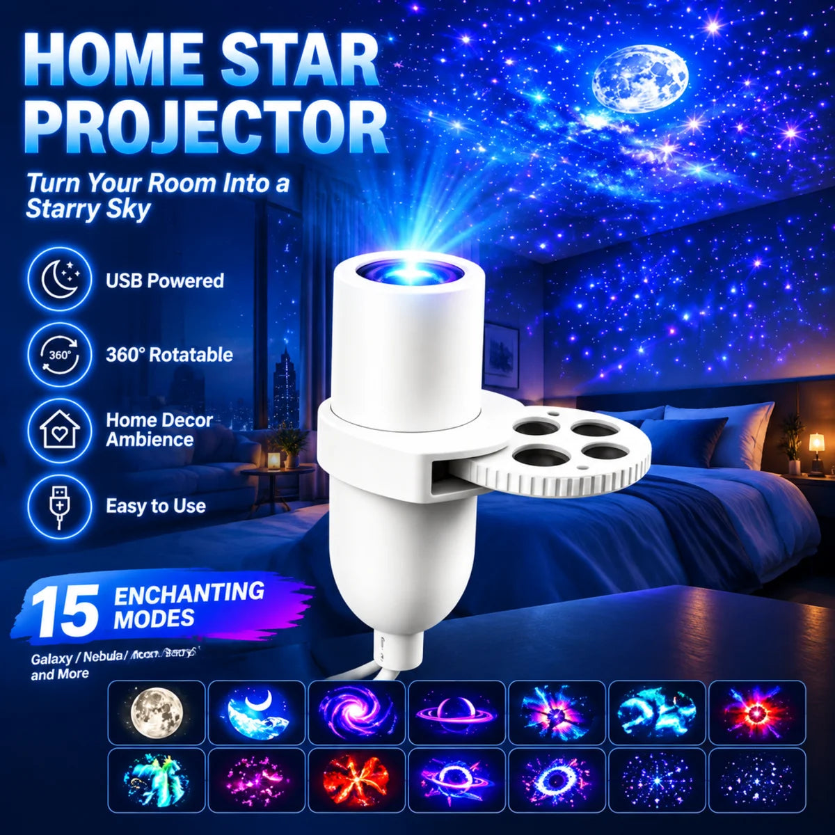 Star Projector Night Light – 360° Rotating Starry Sky Lamp Star Projector Lamp HIP