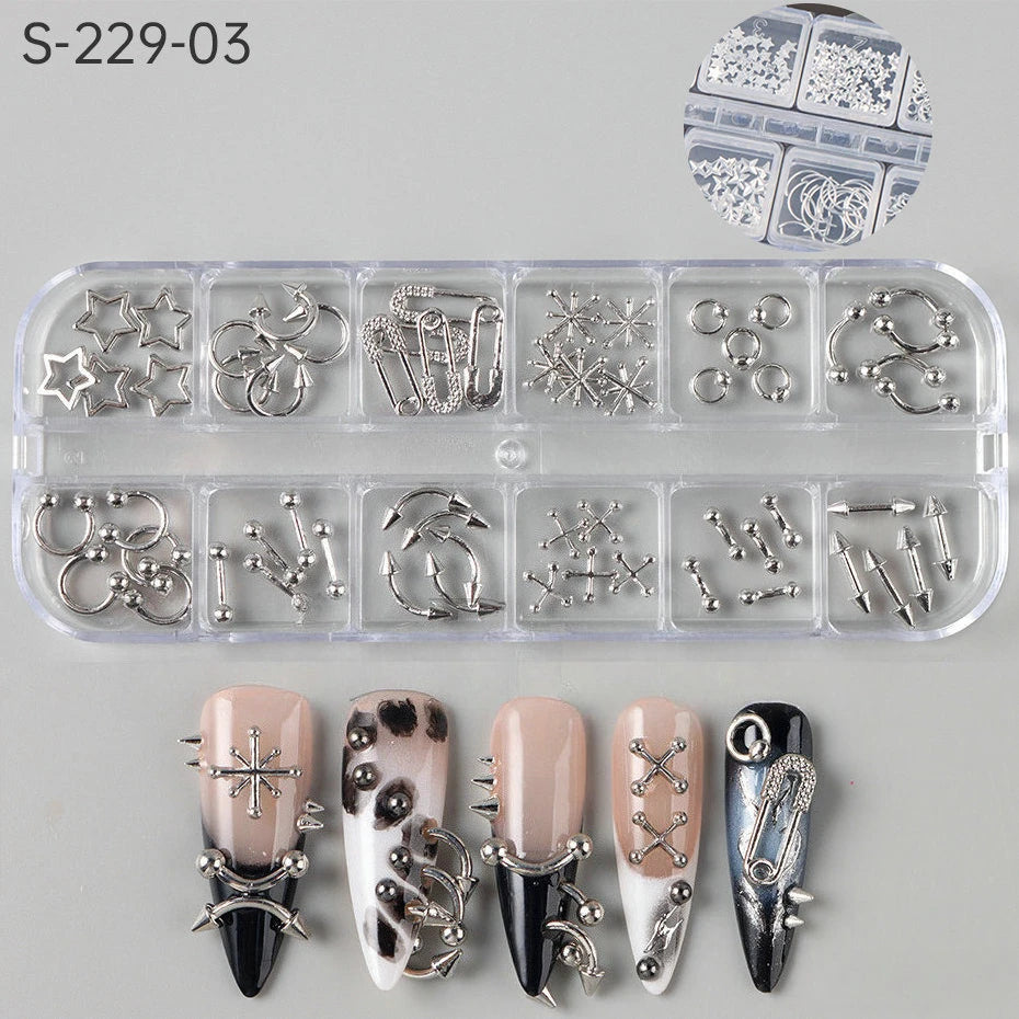 12 Grids Goth Punk Nail Charms Studs Y2K Piercing Designs Metallic Silvery Nails Art Rivets 3D Stars Alloy Nail Art Decorations HIP S-229-03