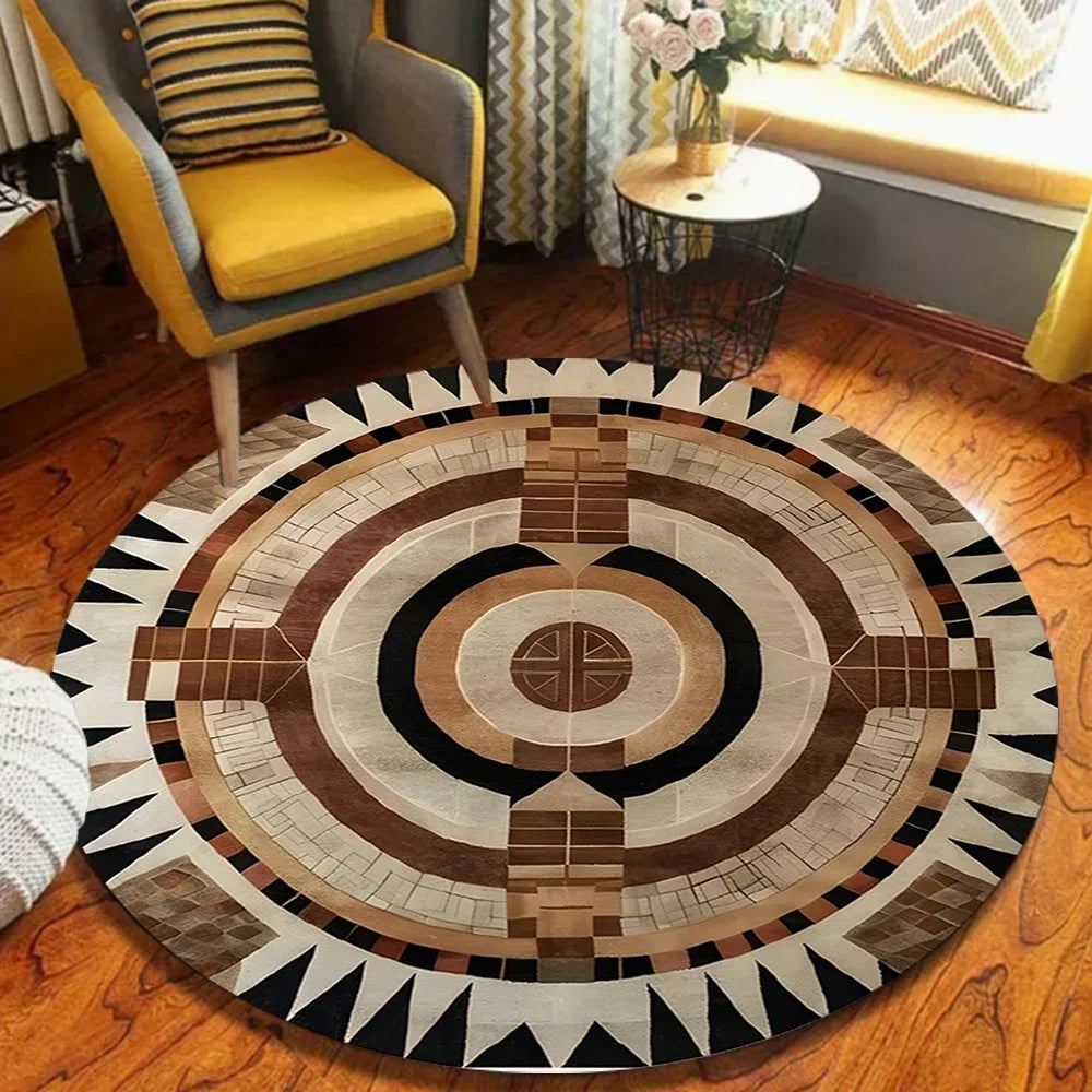 Brown Round Bohemian Area Rug – Non-Slip Scandinavian Style Round Area Rug HIP