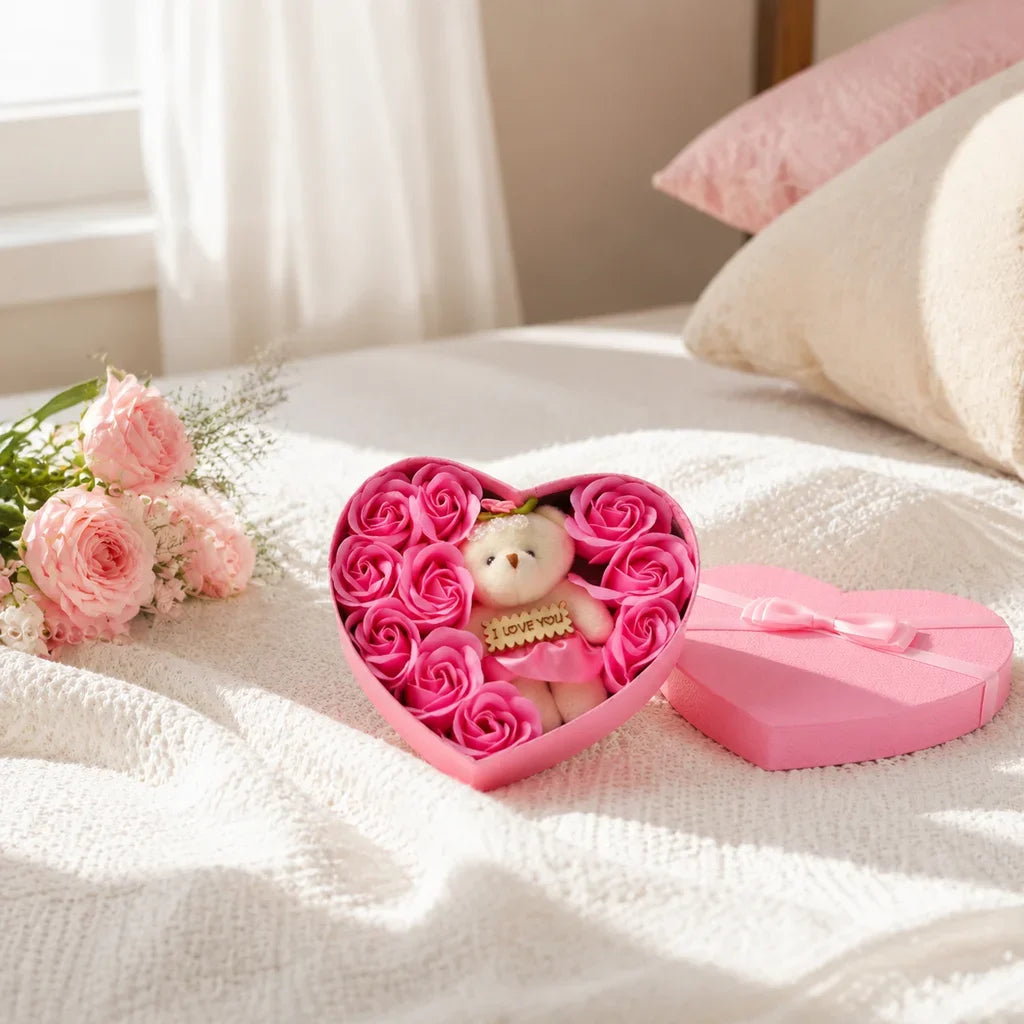 Artificial Flowers Valentines Day Gift for Her Rose Gift Box with Cute Bear Romantic Mothers Day Wedding Home Party Decor HIP