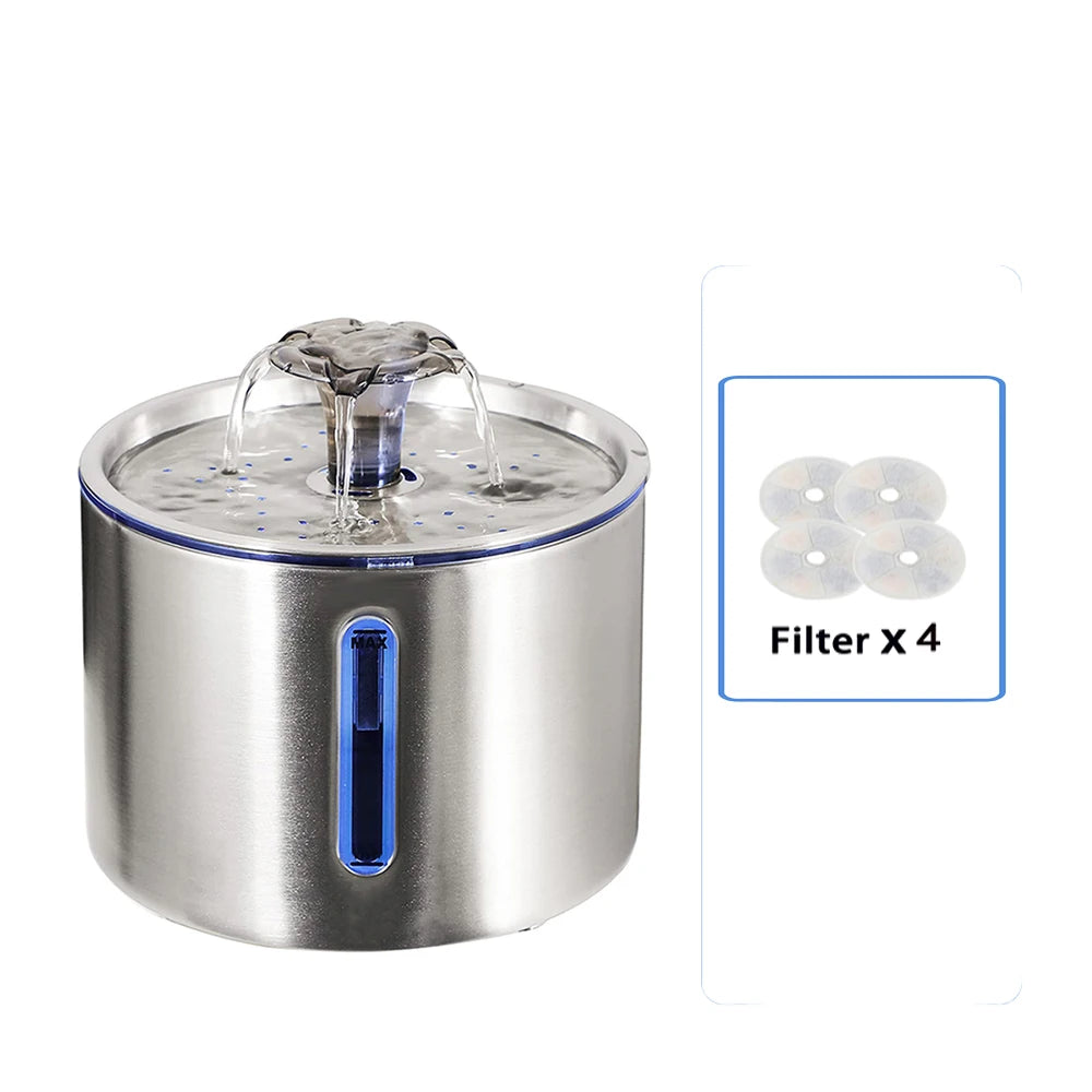 2.5L Stainless Steel Automatic Pet Water Dispenser Fountain For Cats And Dogs Drinking Bowl Easy To Clean Multiple Pets Supplies HIP Fountain-4Filter 2.5L