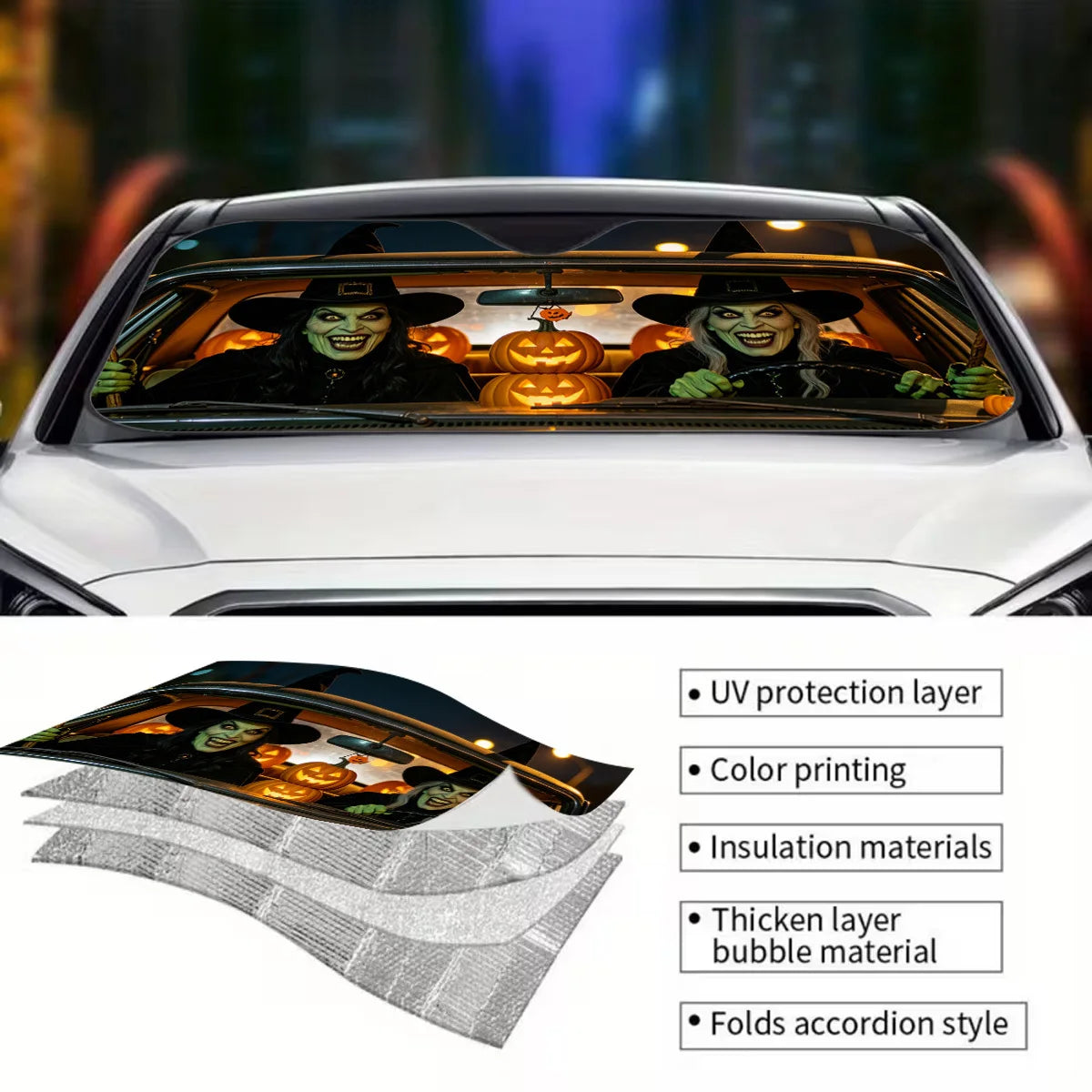 Witch-Themed Foldable Car Windshield Sunshade – UV Block Car Windshield Sunshade HIP