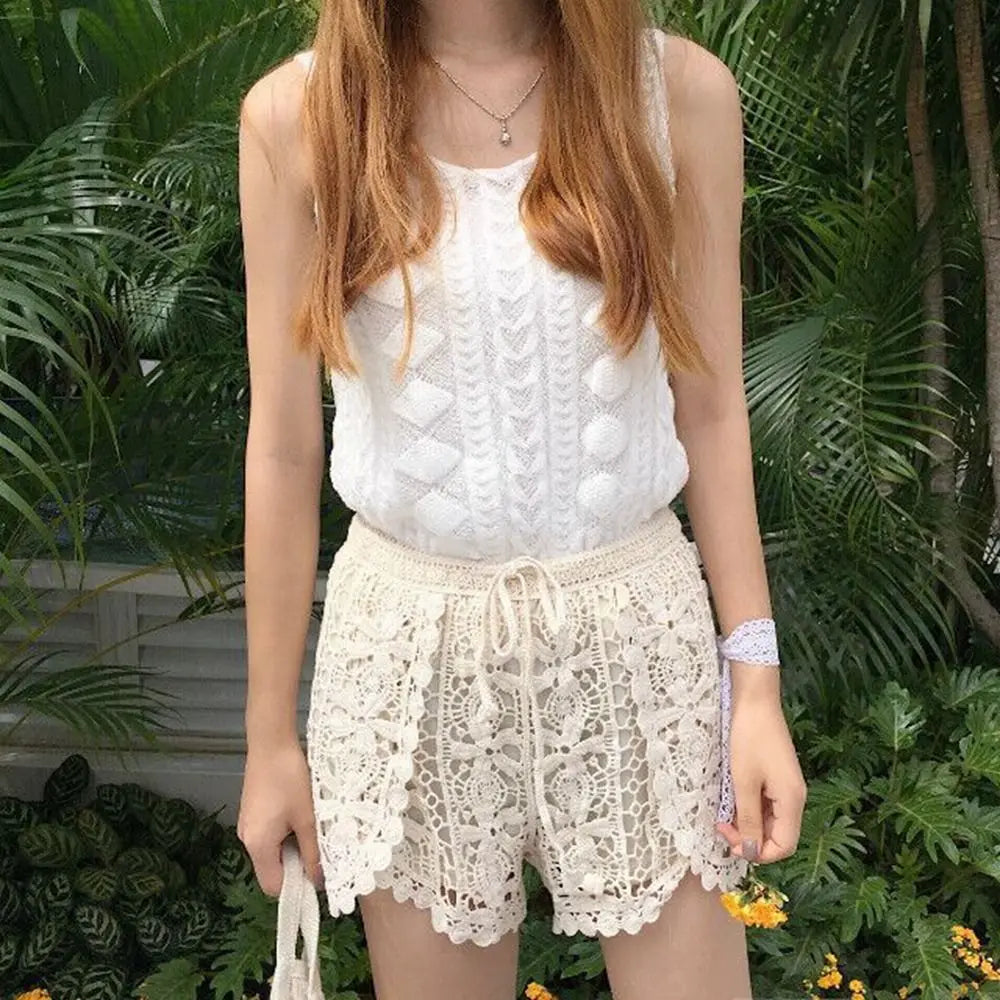 Boho Crochet High Waist Lace-Up Shorts for Women Crochet Lace Shorts HIP