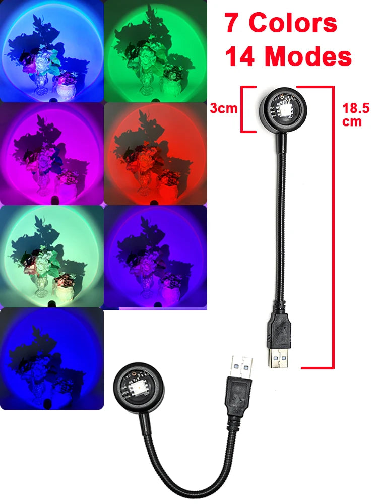 USB Sunset Lamp LED Night Light Projector Rainbow Photography Wall Atmosphere Lights Bedroom Decoration Home Room Decor Gifts HIP 7 Colors
