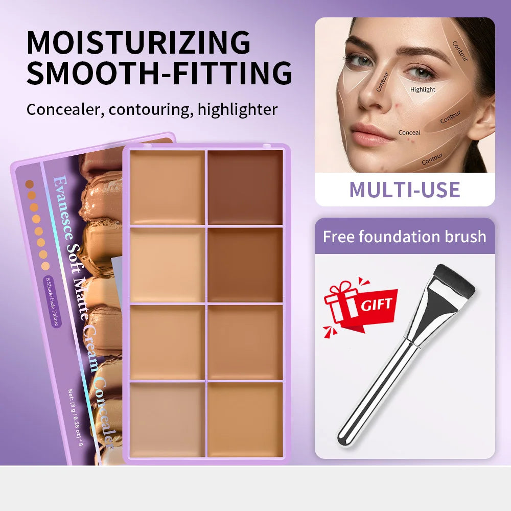 2pcs 8 Shades Concealer Palette Full Coverage Waterproof Long Lasting Cover Dark Circles Blemishes With Makeup Brush HIP