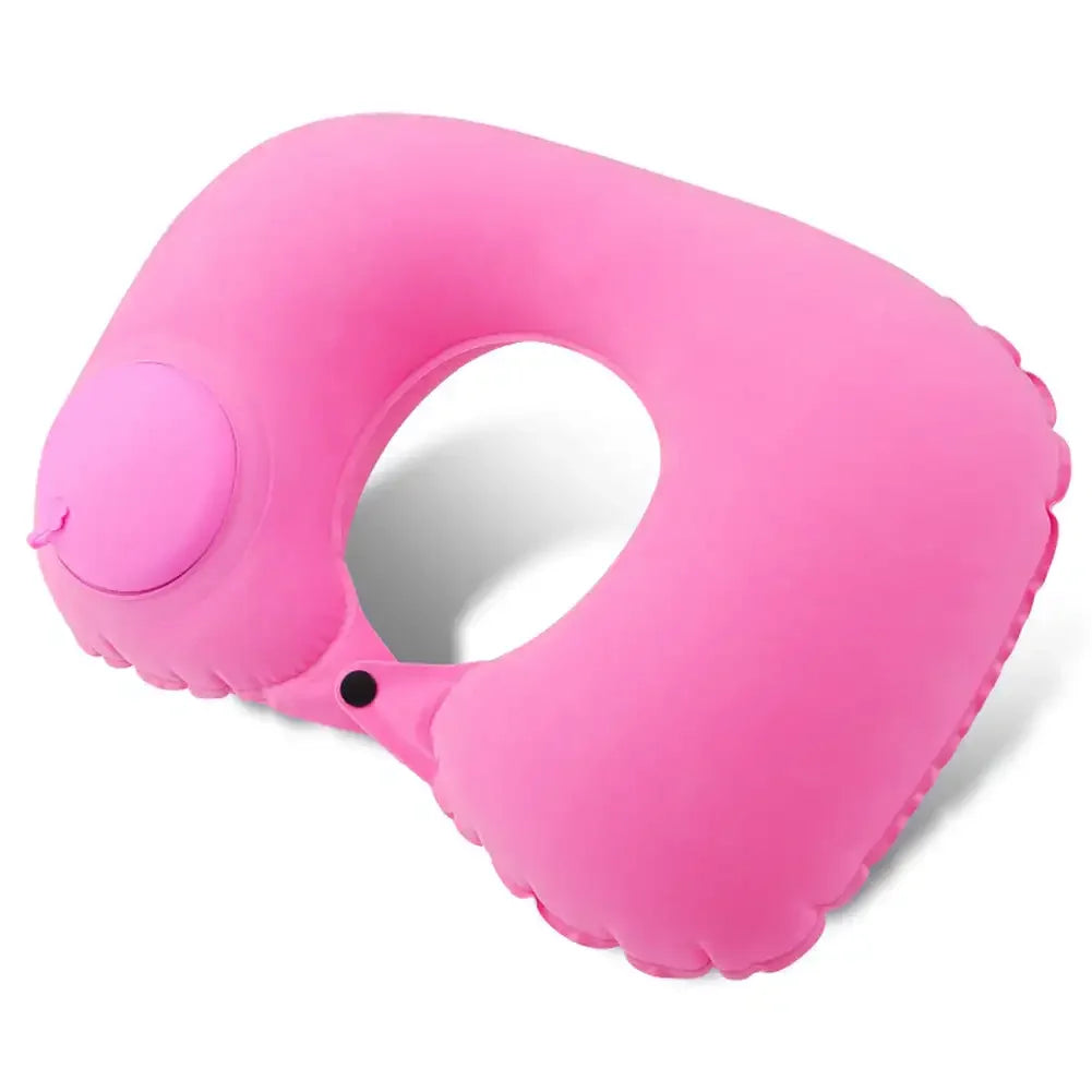 U Shape Neck Cushion Automatic Air Inflatable Pillow Compress Ring Pillow For Airplane Car Outdoor Travel Flocking Milk Fiber HIP Pink-Flocking