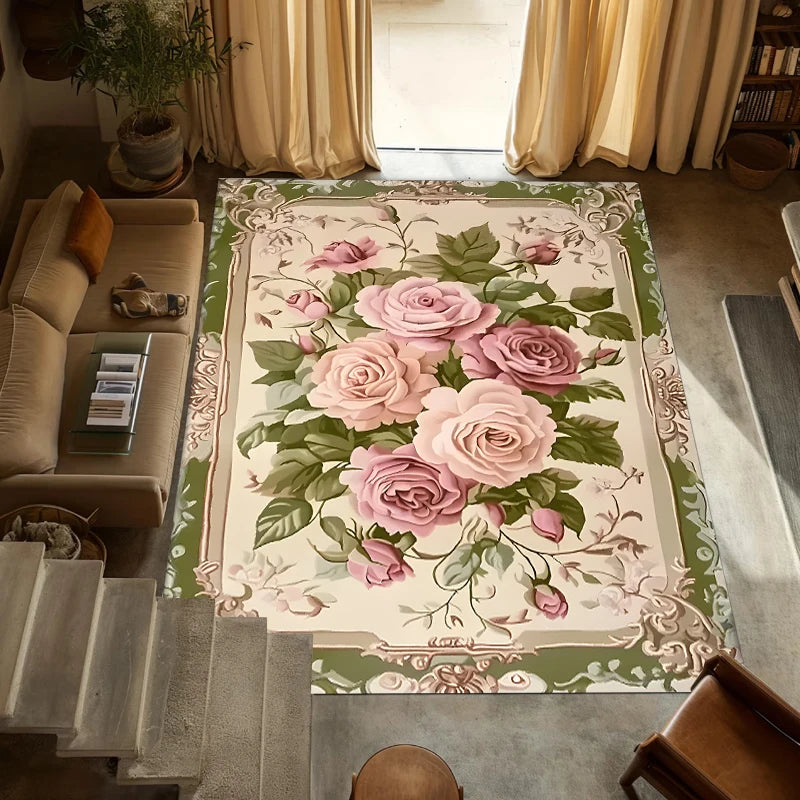 French Vintage Pink Rose Floral Rug – Non-Slip Floor Mat Floral Area Rug HIP 4 50x80-Felt