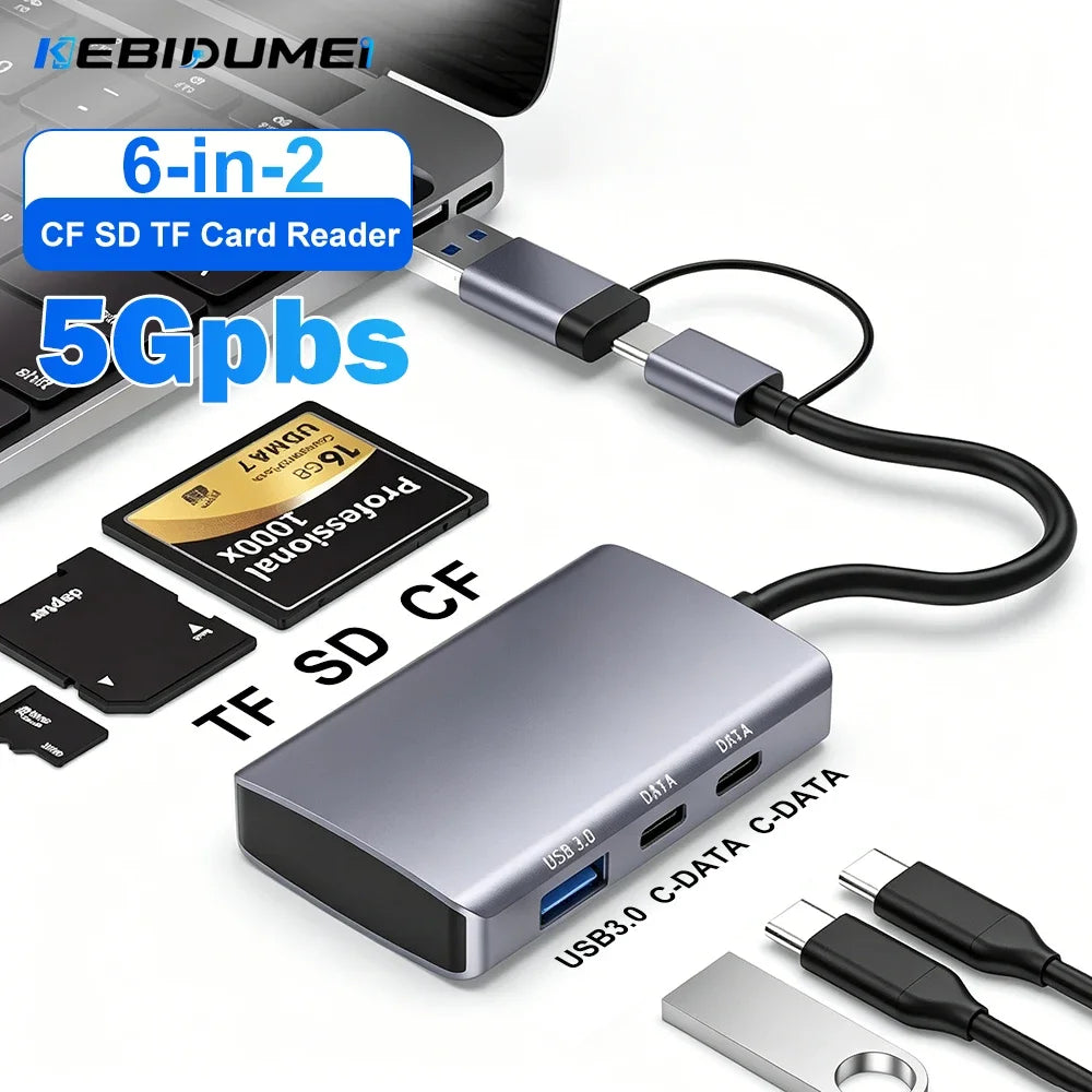 6-in-2 USB C Hub & CF/SD/TF Card Reader – 5Gbps USB 3.0 USB C Hub Adapter HIP