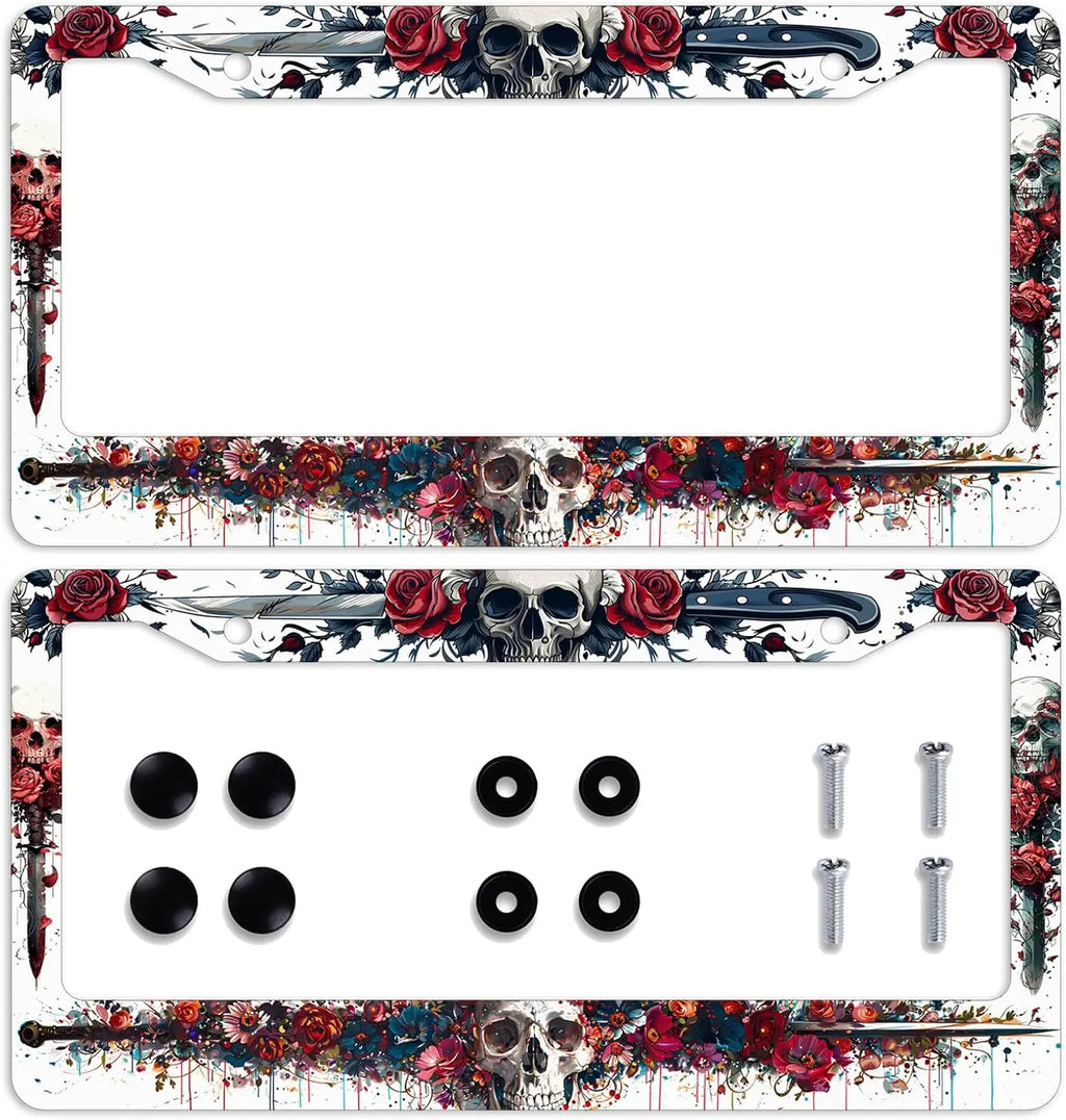 Skull & Rose Stainless Steel License Plate Frame – Gothic Car License Plate Frame HIP 1