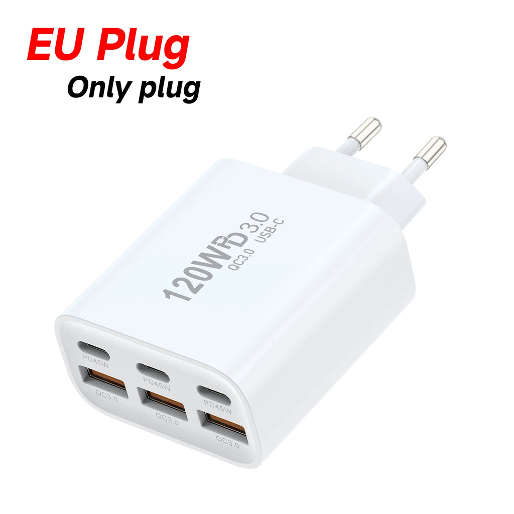120W 6-Port USB-C & USB Wall Charger – PD45W & QC3.0 USB Wall Charger HIP EU Plug