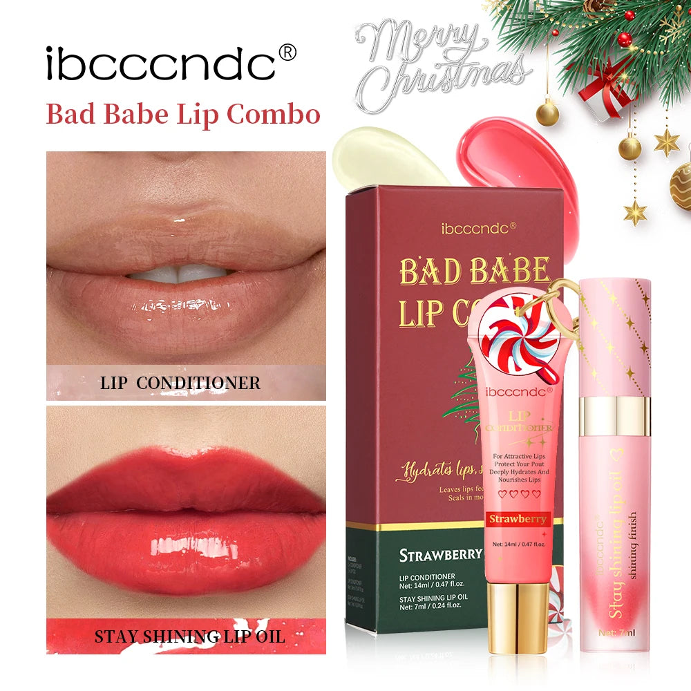Christmas Gift 3Pcs Glossy Lip Gloss Set Strawberry Lip Balm And Lip Gloss Combo Long Lasting Hydrating Plump Lips HIP Xmas