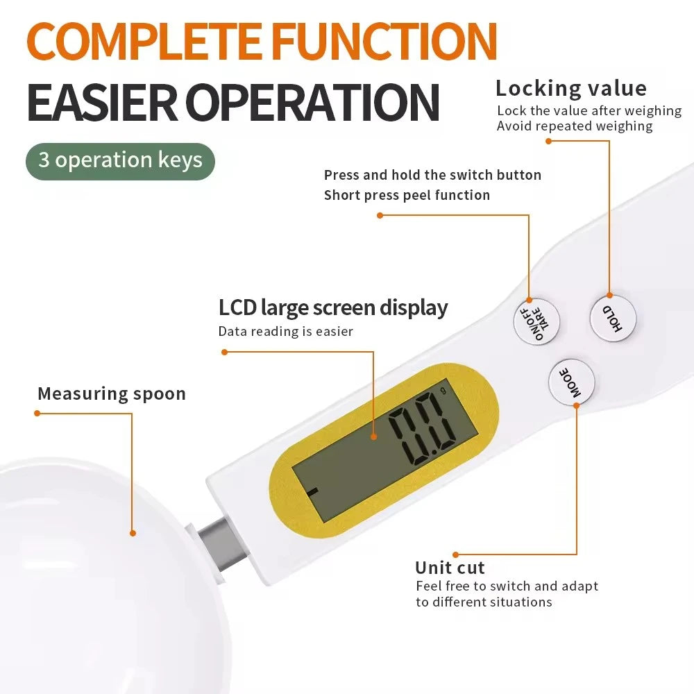 Digital Spoon Scale LCD Kitchen 0.1–500g – Tare & Hold Digital Kitchen Scale HIP
