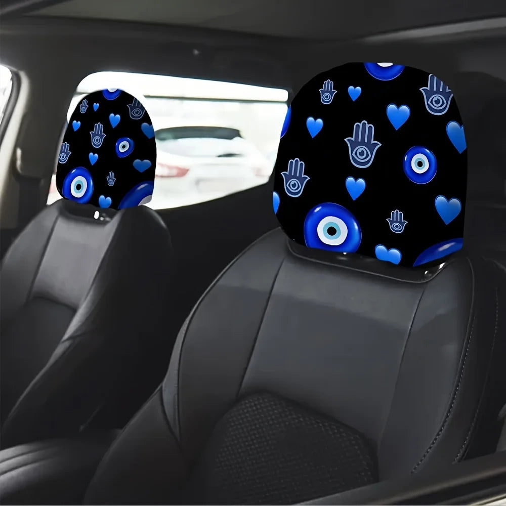 2-Pack Blue Evil Eye Car Headrest Covers | Elastic Fit Car Headrest Cover HIP