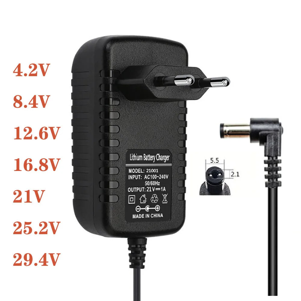 18650 Li-Ion Battery Charger 90° DC 4.2V–29.4V 1A/2A | Lamakoki Battery Charger Adapter HIP 12.6V2A OFF