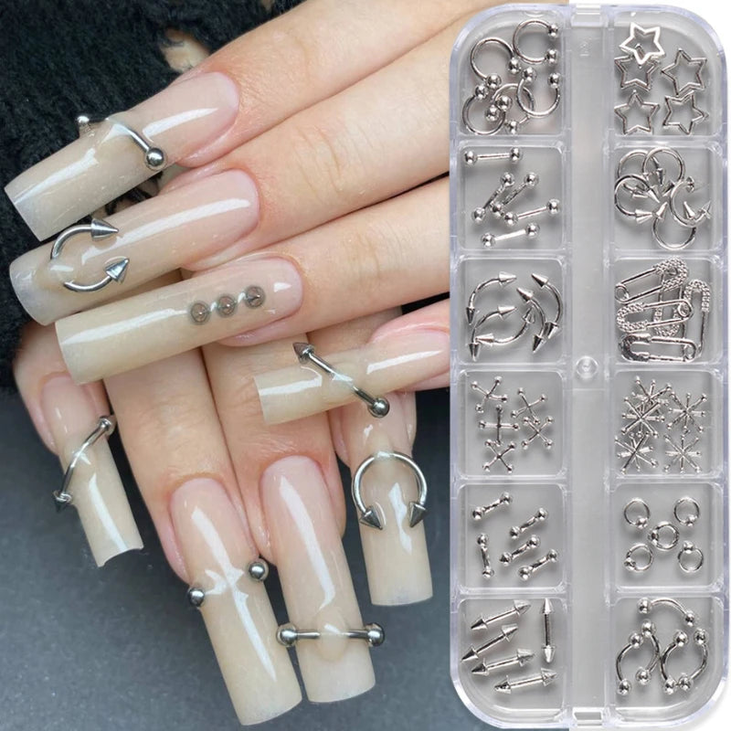 12 Grids Goth Punk Nail Charms Studs Y2K Piercing Designs Metallic Silvery Nails Art Rivets 3D Stars Alloy Nail Art Decorations HIP