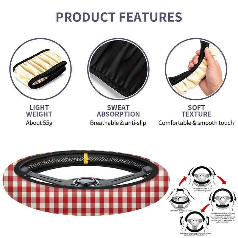 Red White Gingham Steering Wheel Cover – Universal Fit Steering Wheel Cover HIP