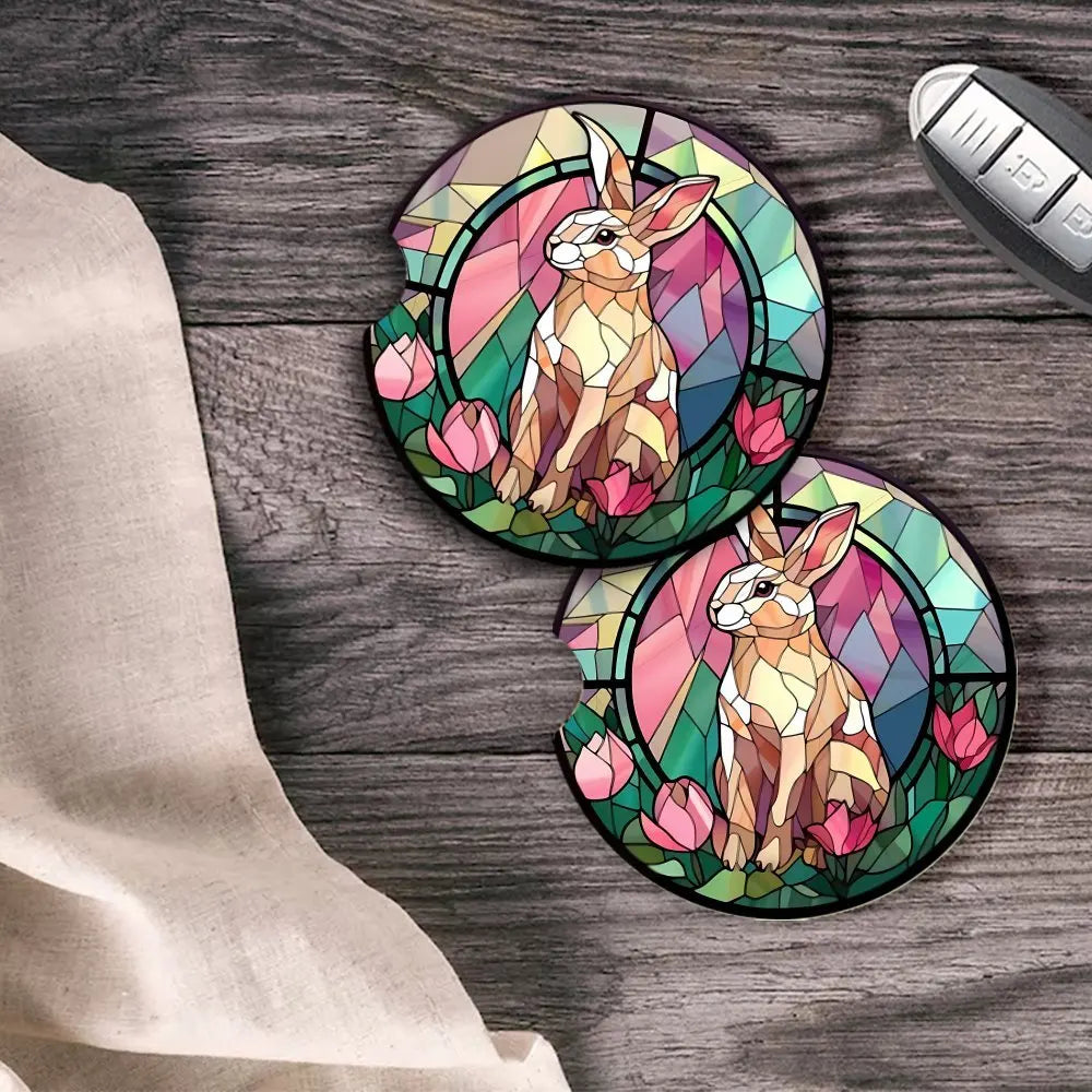Easter Bunny Acrylic Car Coasters – Vintage Floral, 2 Pack Acrylic Coaster Set HIP