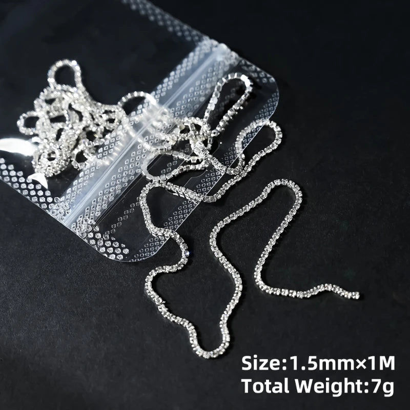 100cm Long Luxury Crystal Chain Nail Charms 1.5/2mm Shinying Clear/AB Diamond Nail Art Metal Steel French Manicure Crystal HIP