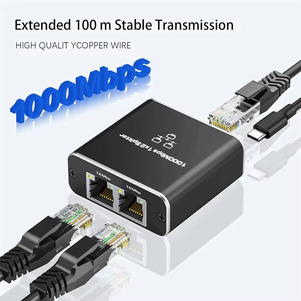 Gigabit Ethernet Splitter 1 to 2 RJ45 Hub – 1000Mbps Ethernet Network Splitter HIP