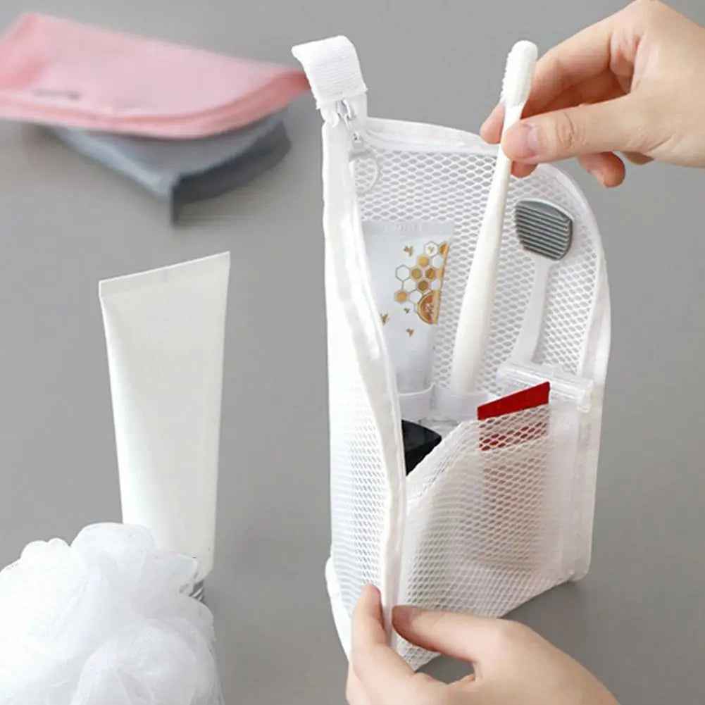 Portable Mesh Standing Toiletry Bag, Lightweight Foldable Clear Hanging Travel Organiser for Toothbrush & Travel HIP