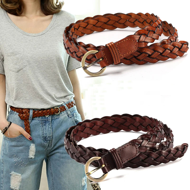 Women's Faux Leather Braided Belt | Gold Round Buckle Women's Fashion Belt HIP