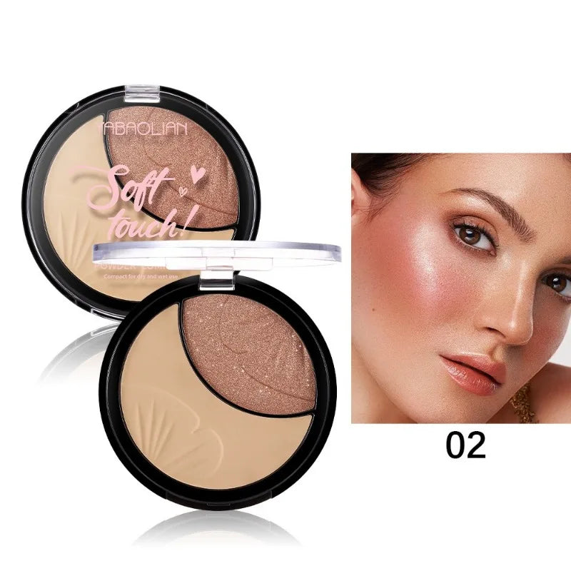 All-in-One Face Powder Highlighter 2 in 1 Setting Powder Luminous Glow Palette Waterproof Longwear Buildable Coverage Gym Travel HIP 02