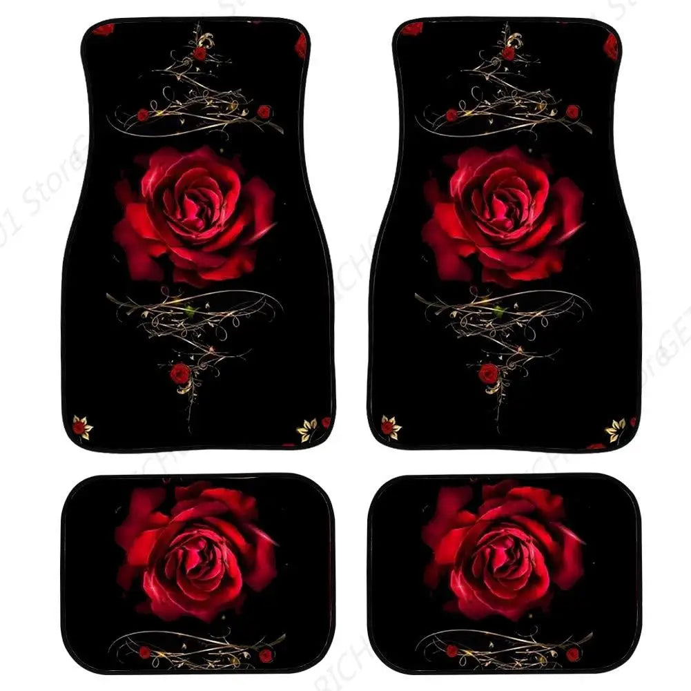 Red Rose Print Rubber Car Floor Mats – 4-Piece Anti-Slip Set Car Floor Mats HIP 1 one size