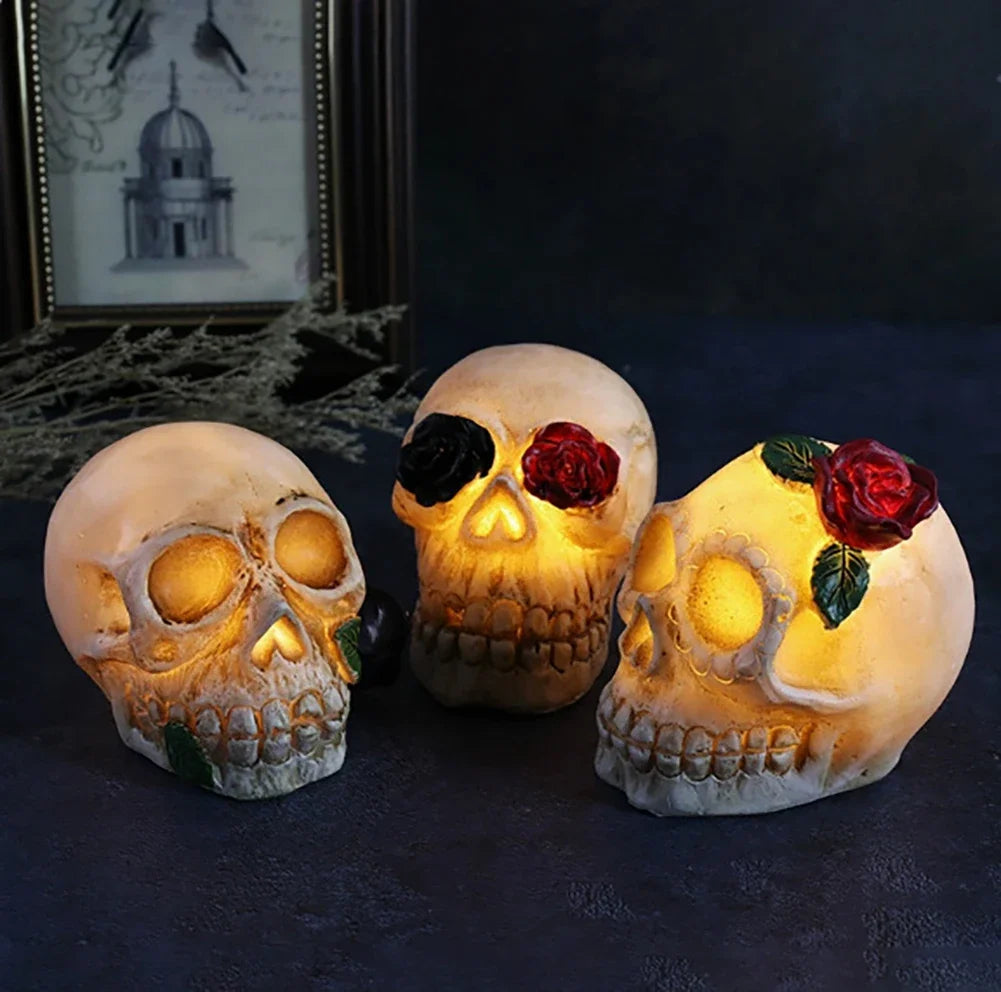 LED Glowing Skull & Rose Resin Figurine Halloween Tabletop Decoration Gothic Home Haunted House Party Day of the Dead Ornament HIP