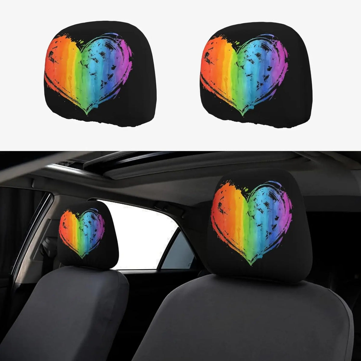 Pride Rainbow Heart Car Headrest Covers – 2 Pack | Universal Fit Car Headrest Cover HIP 1