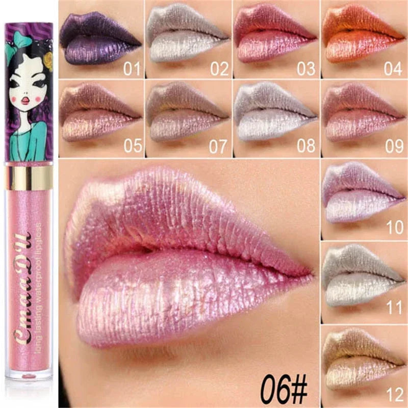 Cmaadu shimmer lip gloss beauty girl diamond glitter lip tint waterproof long lasting 12 color gold flash liquid lipstick makeup HIP
