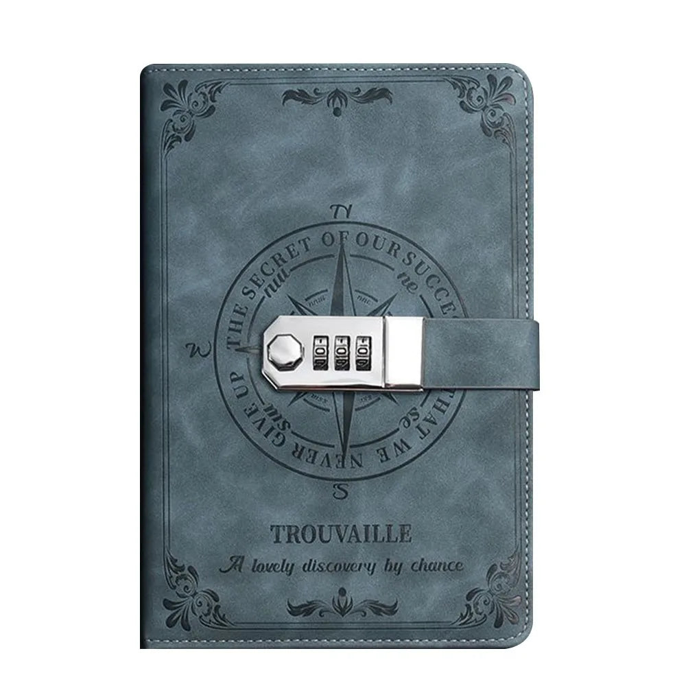 A5 Password Lock Notebook – 200-Page PU Leather Retro Diary Password Lock Notebook HIP Blue