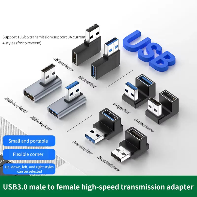 90° USB 3.0 Right Angle Adapter – Male to Female, 10Gbps USB Cable Adapter HIP