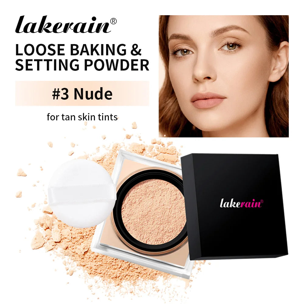 Waterproof Loose Baking&Setting Powder Long Lasting Oil Control Matte Setting Powder Natural Brightening Face Cosmetics HIP 3Nude and puff