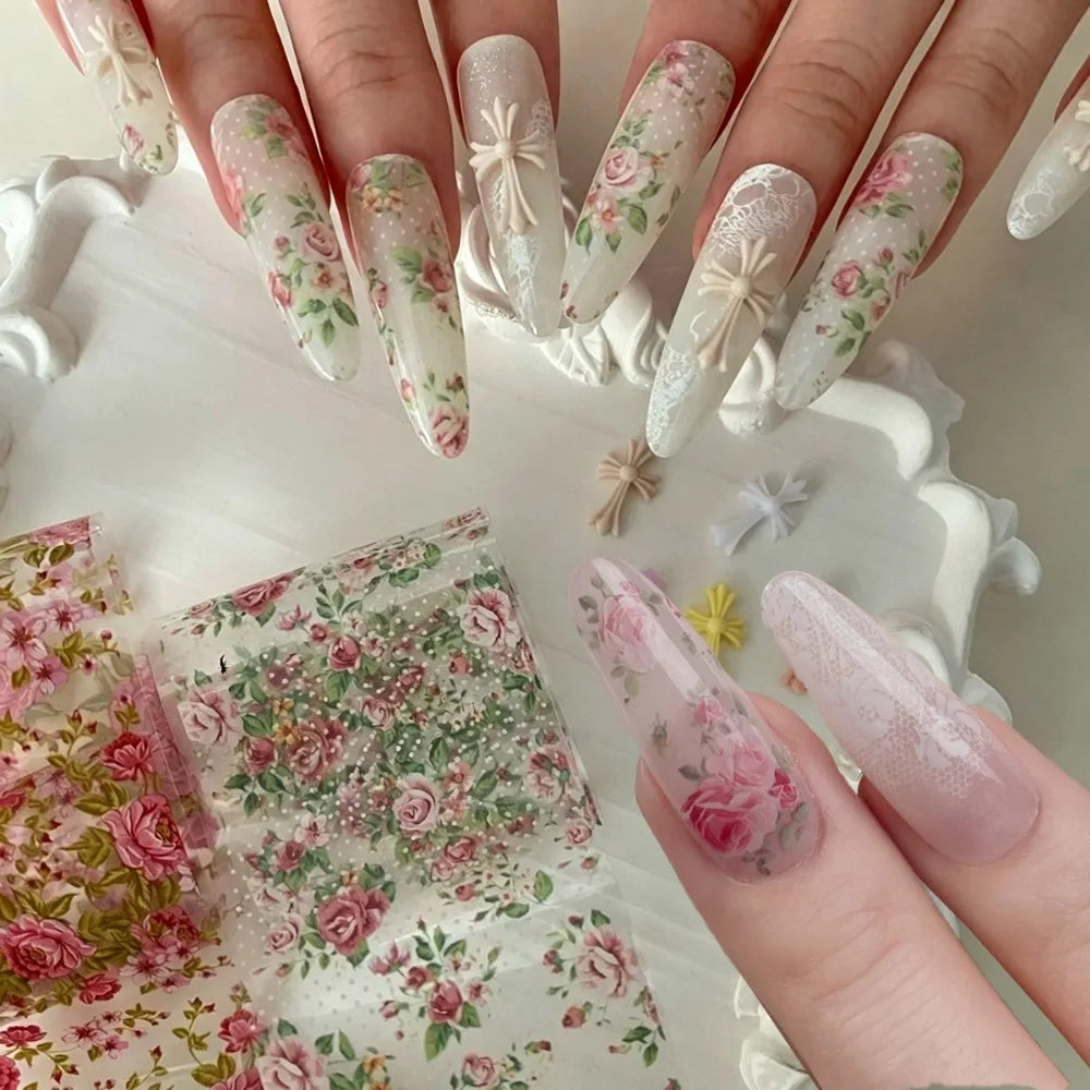 Lace Floral Nail Transfer Stickers Colorful Rose Flower Nail Foil French Vintage Style for DIY Manicure Transfer Paper Ornament HIP