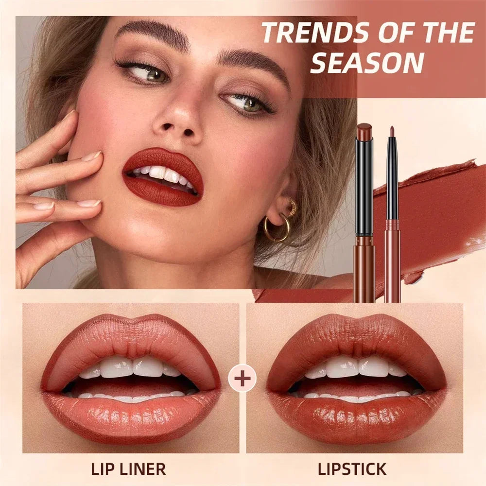 QIBEST Lipliner Pencil Lipstick Set Matte Nude Red Contour Tint Lipstick Long Lasting Non-stick Cup Lipliner Makeup Lip Stain HIP