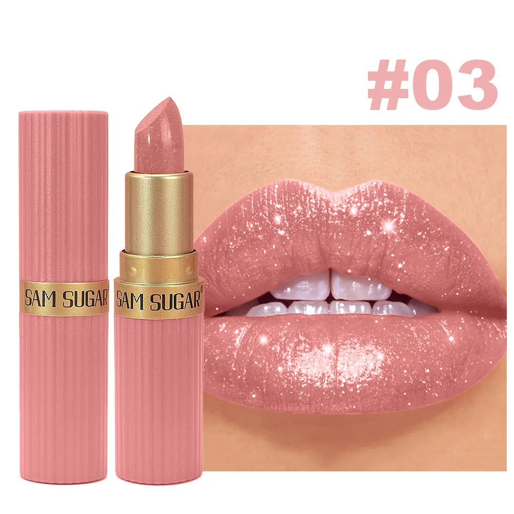 SAM SUGAR Metallic Glitter Lipstick – Waterproof Shimmer Gloss Glitter Lipstick HIP 03 3.5g Full Size