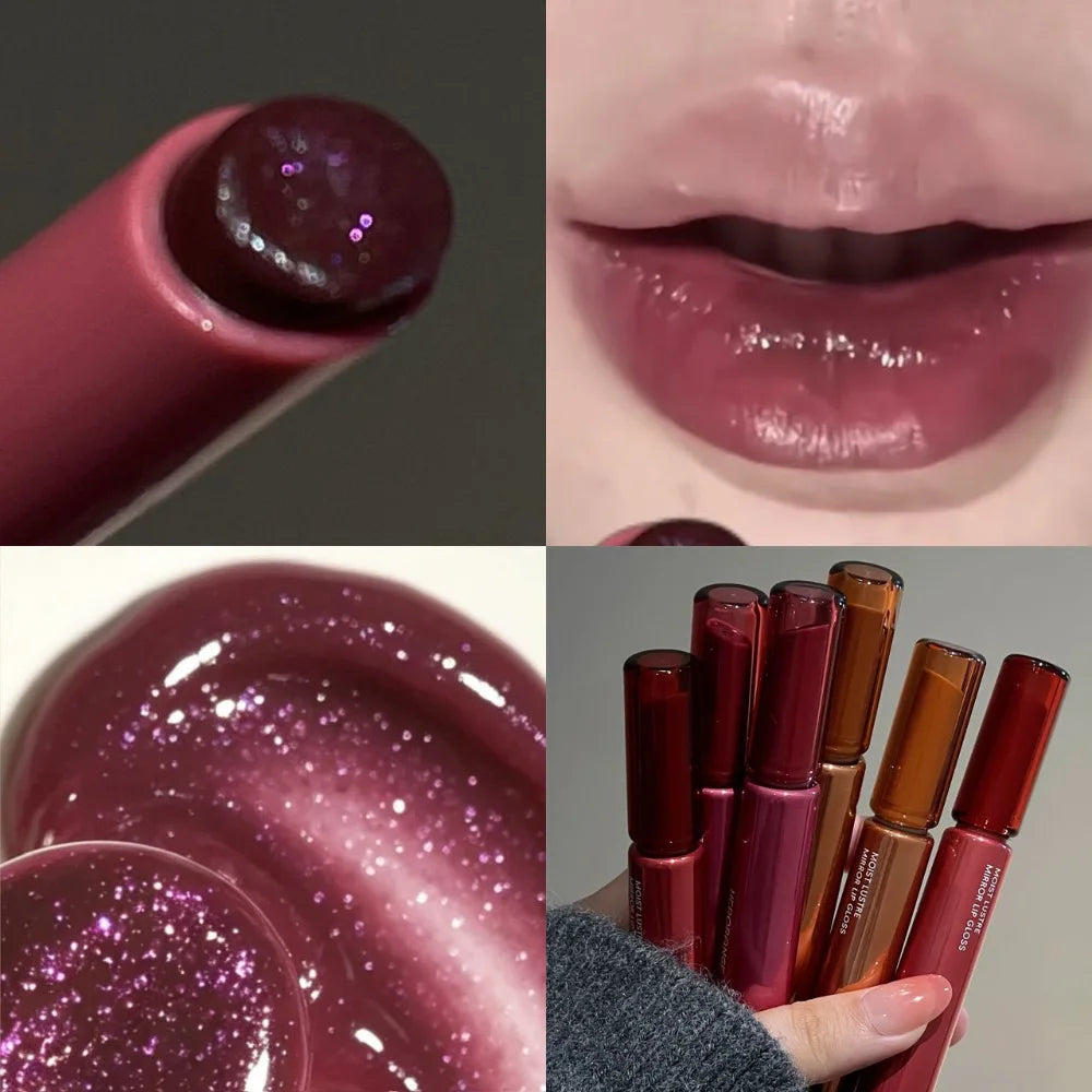 Black Purple Glitter Solid Lip Gloss Watery Mirror Moisturizing Lasting Fine Shimmer Lip Balm Korean Natural Daily Lip Makeup HIP