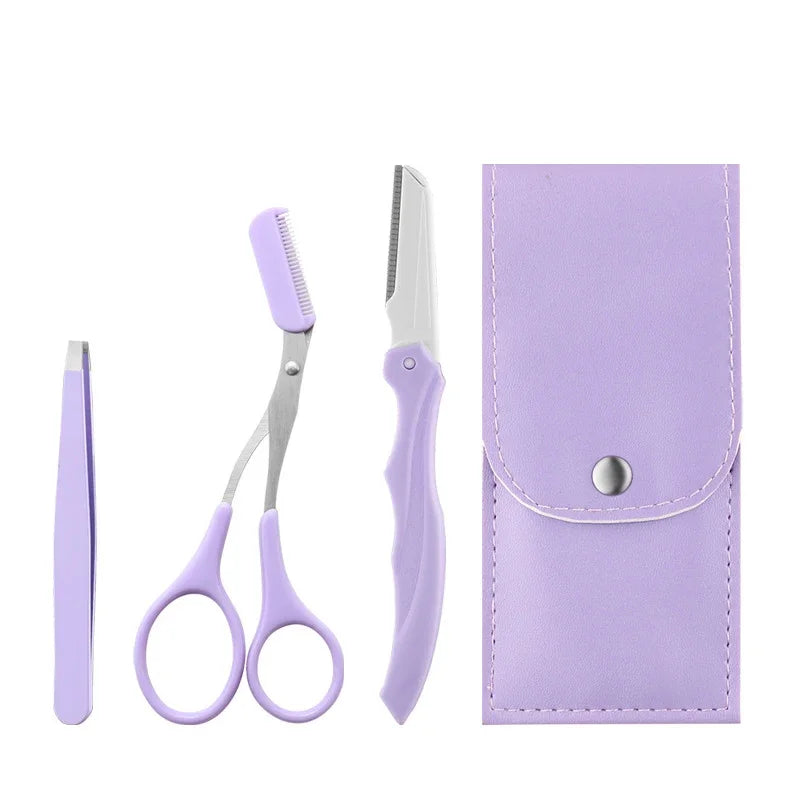 Purple Eyebrow Grooming Kit – Scissors, Razor, Tweezer & Comb Eyebrow Grooming Kit HIP C670-3pcs in bag