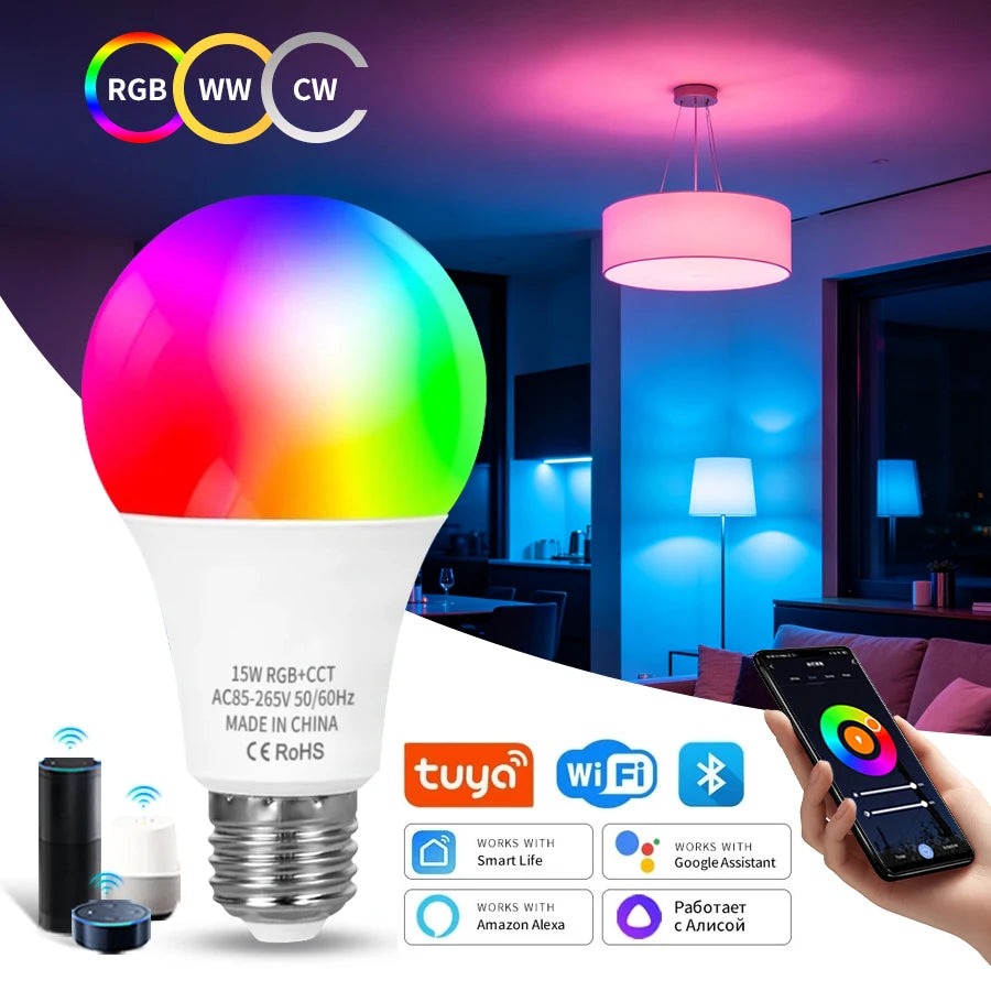 Tuya Bluetooth WiFi Smart Light Bulb E27 RGB LED Lamp 15W Voice Control Compatible with Alexa Google Home Smart Life App Remote HIP