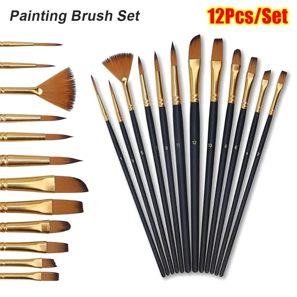 12-Piece Nylon Painting Brush Set – Watercolor, Acrylic & Oil Art Painting Brush Set HIP